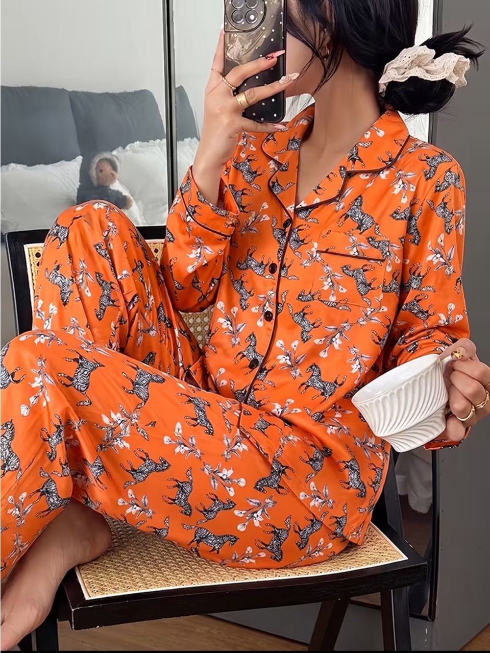 Unlisted Orange Printed Long-Sleeve Pajama Set with Black & White Motif